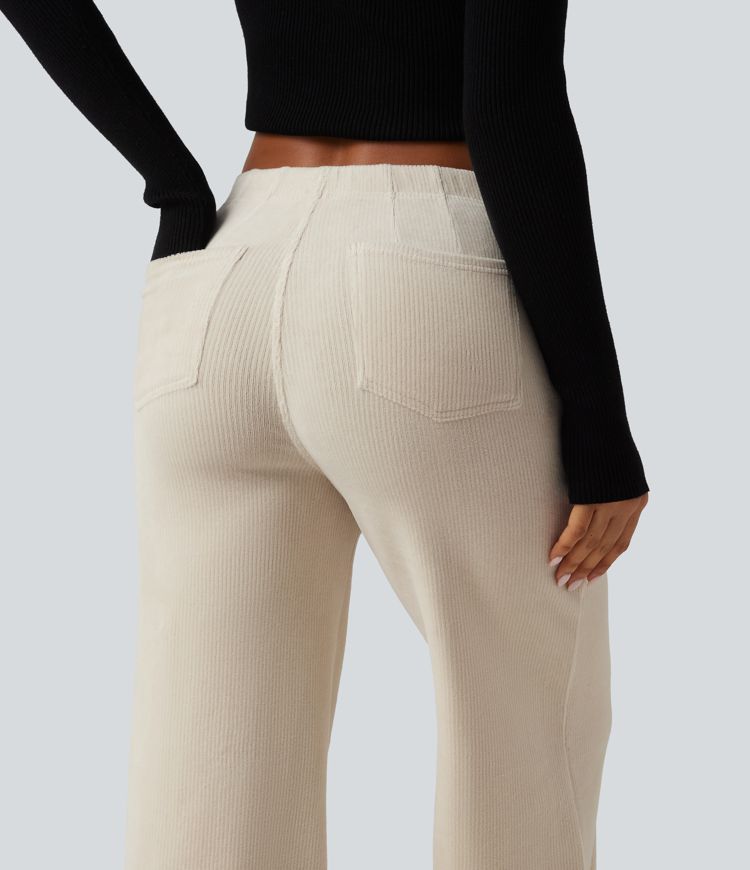 Mid Rise Wide Leg Corduroy Casual Pants with Pockets Mid Rise Wide Leg Corduroy Casual Pants with Pockets