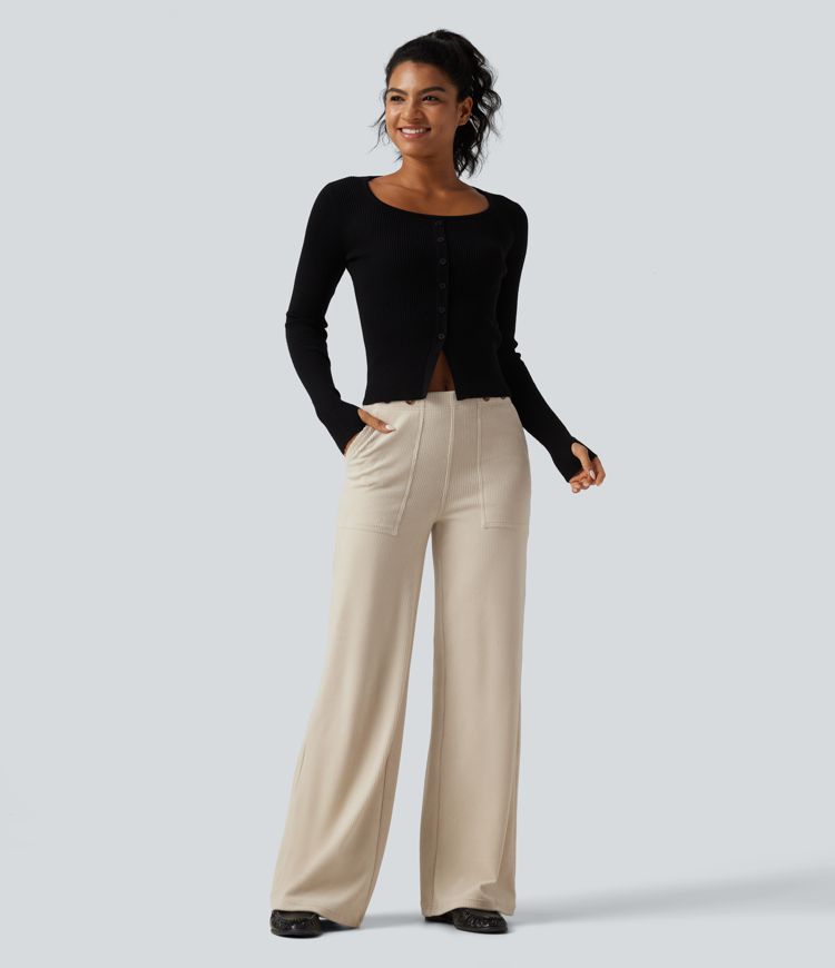 Mid Rise Wide Leg Corduroy Casual Pants with Pockets Mid Rise Wide Leg Corduroy Casual Pants with Pockets