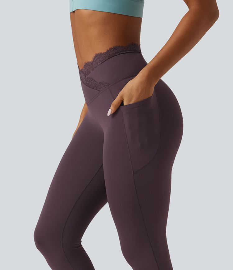 SoftlyZero™ High Waisted Crossover Contrast Lace Yoga Leggings with Pockets