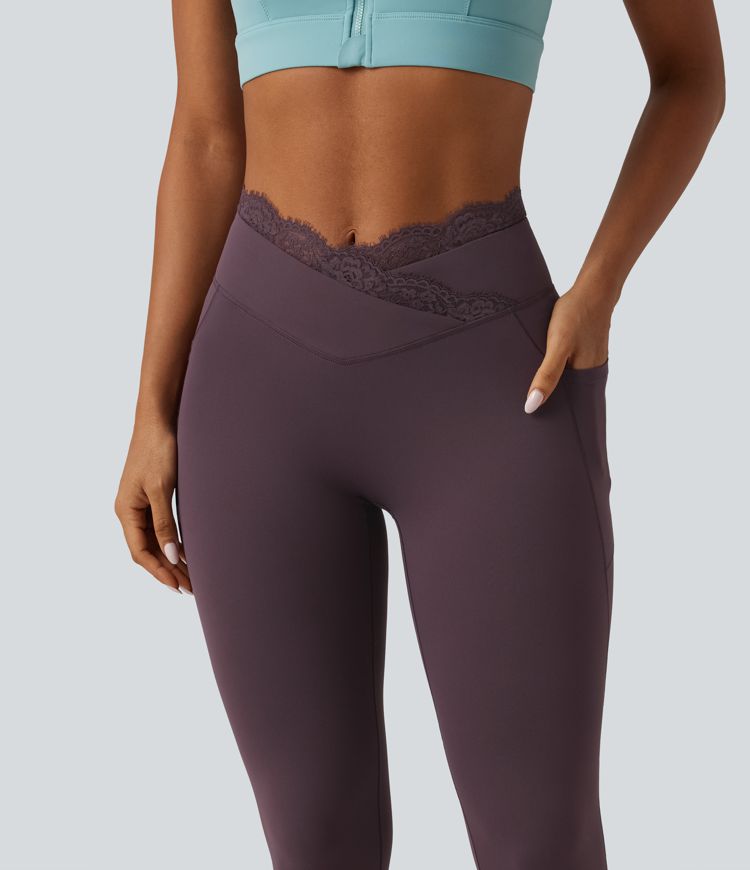 SoftlyZero™ High Waisted Crossover Contrast Lace Yoga Leggings with Pockets