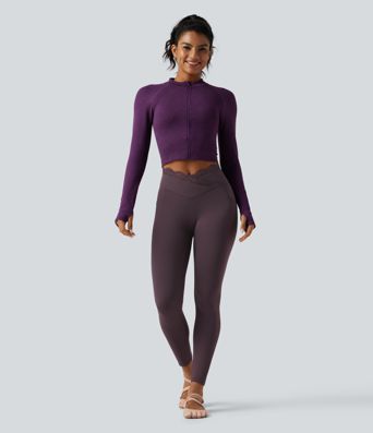 SoftlyZero™ High Waisted Crossover Contrast Lace Yoga Leggings with Pockets