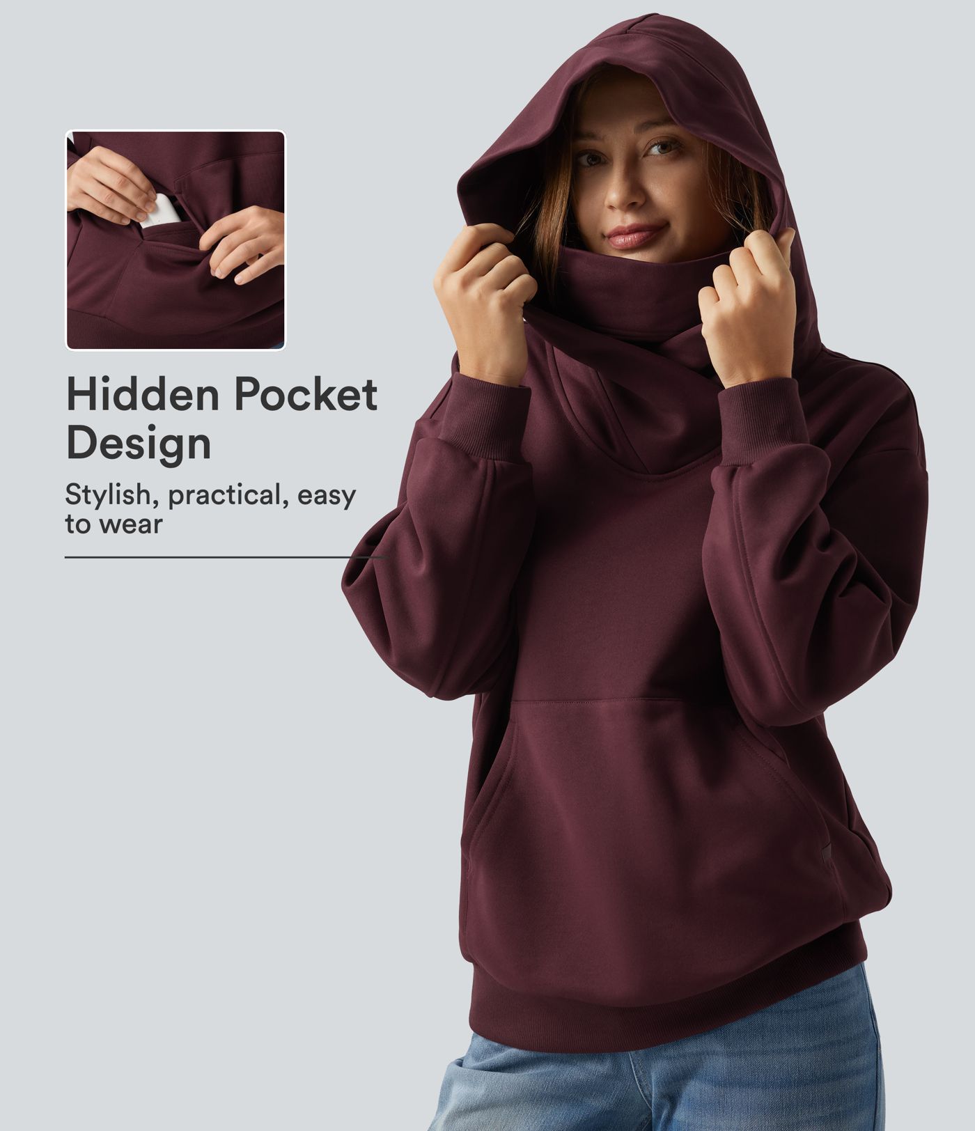 Sudadera casual de forro polar con capucha, parte delantera cruzada, hombros caídos, mangas largas y bolsillo Sudadera casual de forro polar con capucha, parte delantera cruzada, hombros caídos, mangas largas y bolsillo
