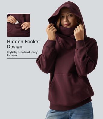 Sudadera casual de forro polar con capucha, parte delantera cruzada, hombros caídos, mangas largas y bolsillo Sudadera casual de forro polar con capucha, parte delantera cruzada, hombros caídos, mangas largas y bolsillo