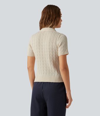 Polo Short Sleeve Cable Knit Work Sweater