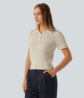 Polo Short Sleeve Cable Knit Work Sweater