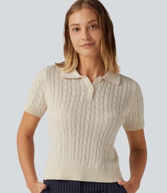 Polo Short Sleeve Cable Knit Work Sweater