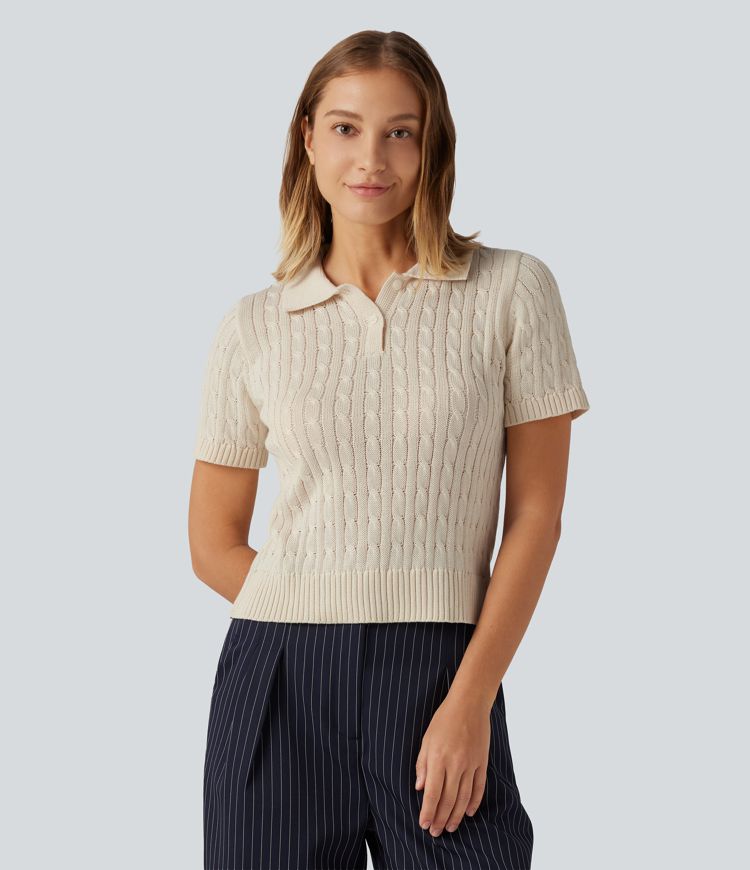 Polo Short Sleeve Cable Knit Work Sweater