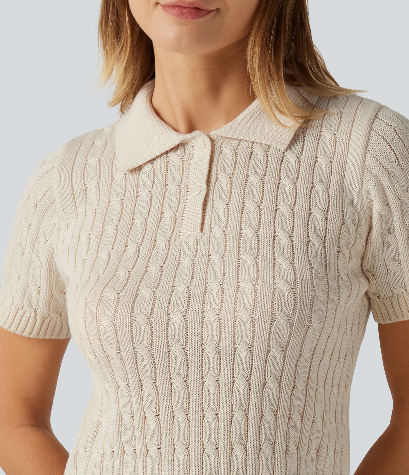 Polo Short Sleeve Cable Knit Work Sweater