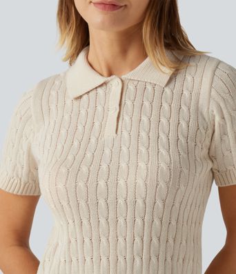 Polo Short Sleeve Cable Knit Work Sweater