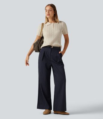 Polo Short Sleeve Cable Knit Work Sweater