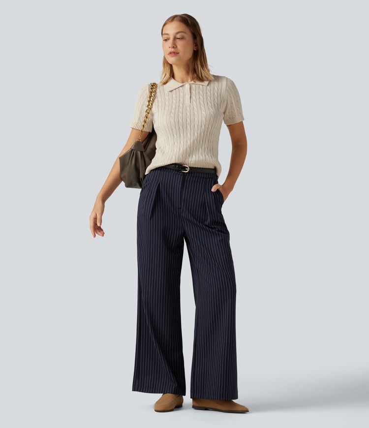 Polo Short Sleeve Cable Knit Work Sweater
