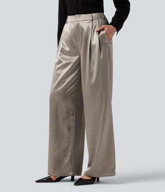 High Waisted Wide Leg Satin Work Pants with Pockets