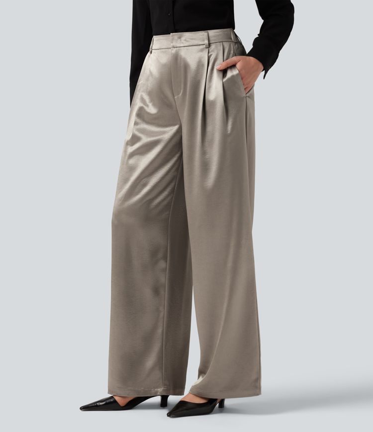 High Waisted Wide Leg Satin Work Pants with Pockets