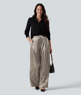 High Waisted Wide Leg Satin Work Pants with Pockets