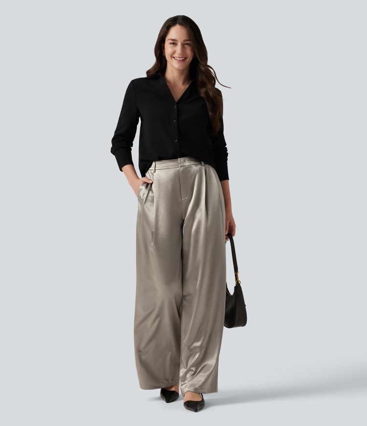 High Waisted Wide Leg Satin Work Pants with Pockets