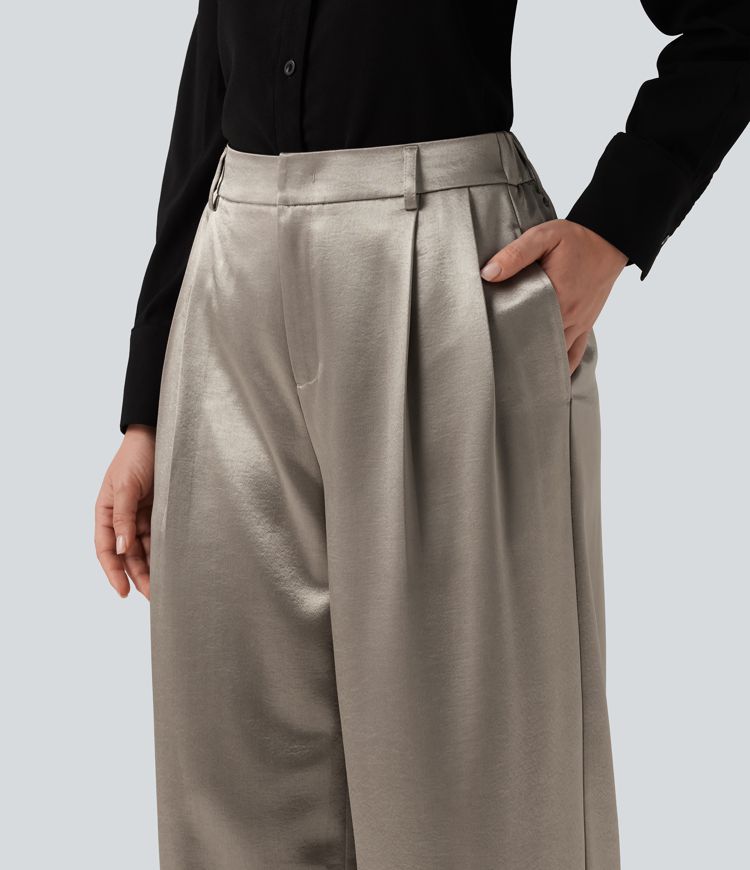 High Waisted Wide Leg Satin Work Pants with Pockets