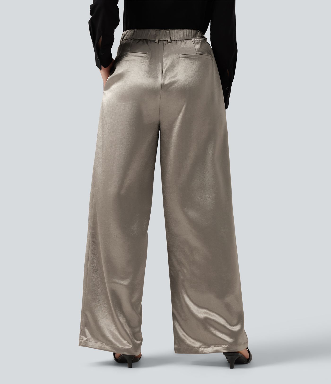 High Waisted Wide Leg Satin Work Pants with Pockets