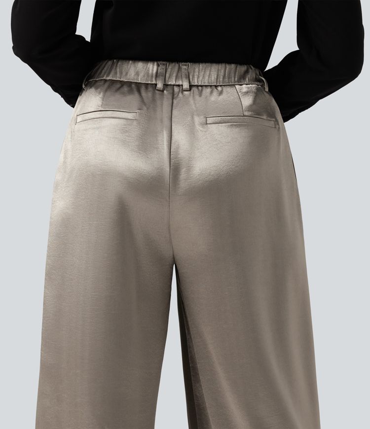 High Waisted Wide Leg Satin Work Pants with Pockets