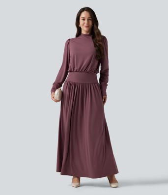 Mock Neck Long Sleeve Ruched Party Maxi Dress with Pockets