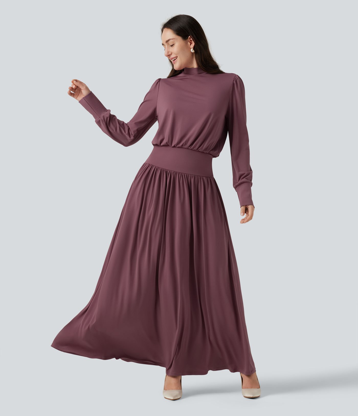 Mock Neck Long Sleeve Ruched Party Maxi Dress with Pockets