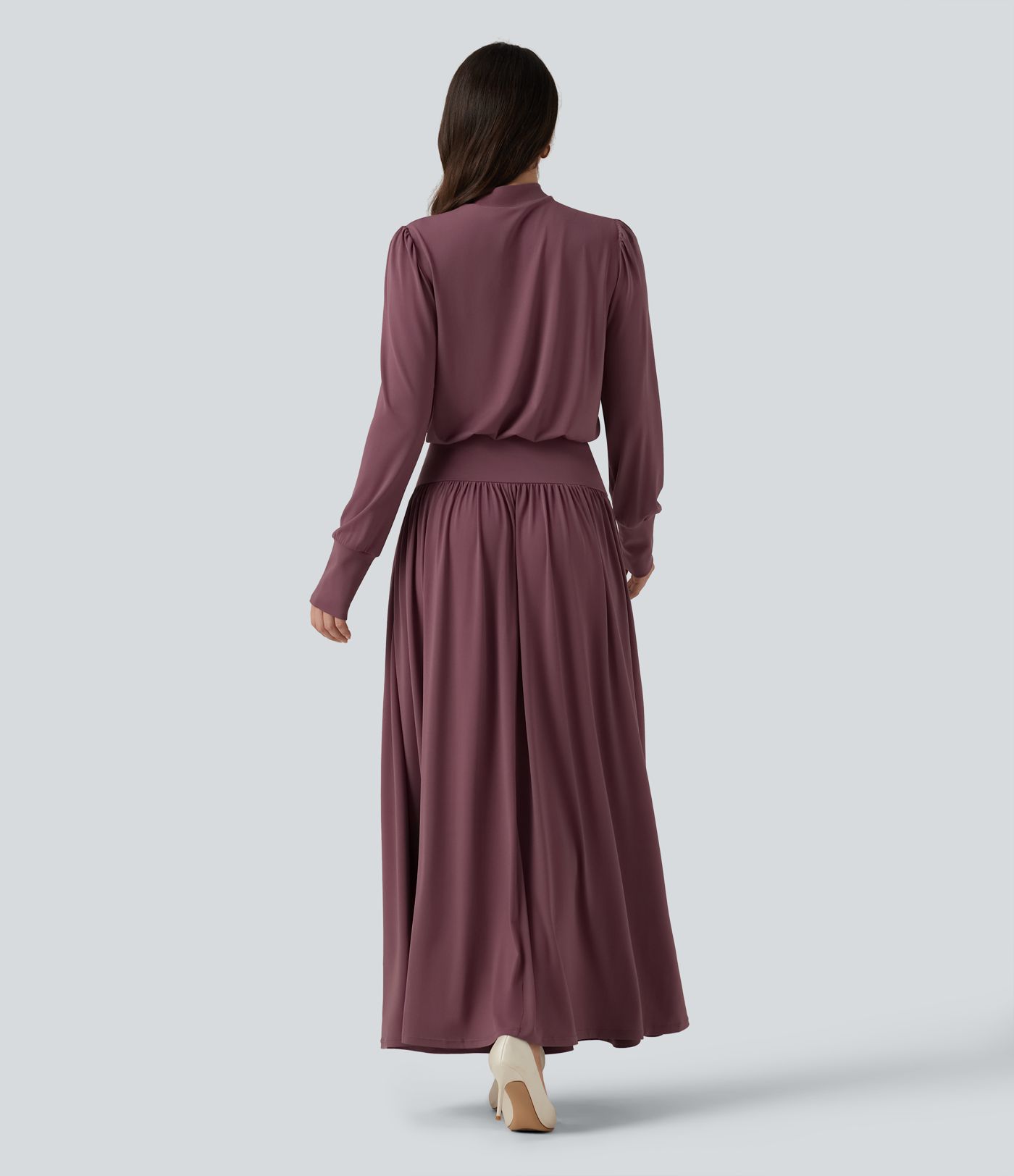 Mock Neck Long Sleeve Ruched Party Maxi Dress with Pockets