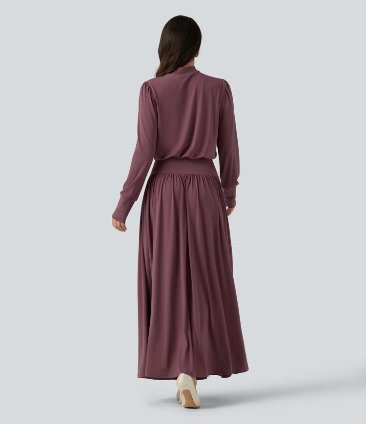 Mock Neck Long Sleeve Ruched Party Maxi Dress with Pockets
