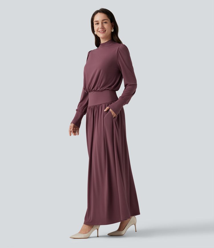Mock Neck Long Sleeve Ruched Party Maxi Dress with Pockets