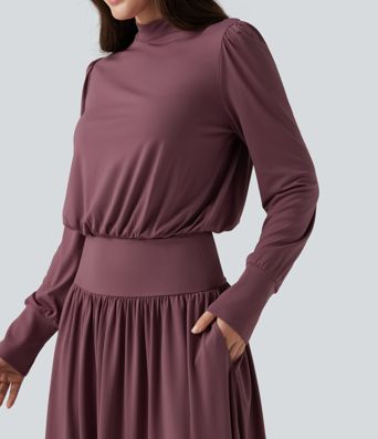 Mock Neck Long Sleeve Ruched Party Maxi Dress with Pockets