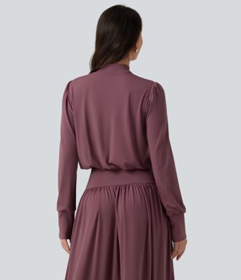Mock Neck Long Sleeve Ruched Party Maxi Dress with Pockets