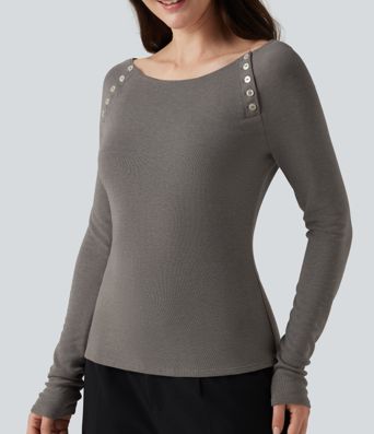 Boat Neck Raglan Long Sleeve Thermal Casual Top