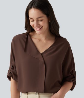 V Neck Long Sleeve Asymmetric Relaxed Work Blouse