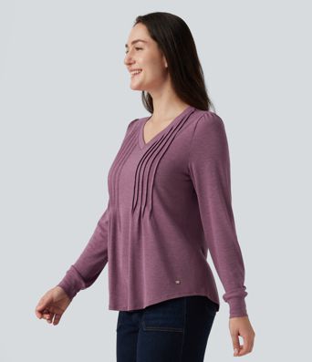 V Neck Long Sleeve Heathered Casual Top V Neck Long Sleeve Heathered Casual Top