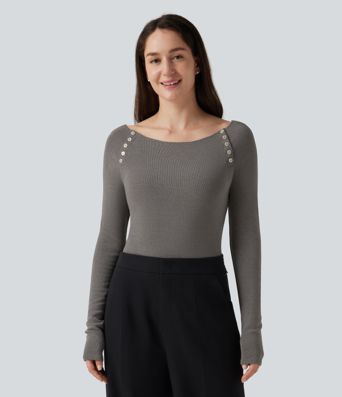 Boat Neck Raglan Long Sleeve Thermal Casual Top