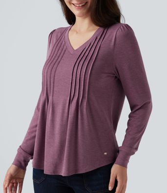 V Neck Long Sleeve Heathered Casual Top V Neck Long Sleeve Heathered Casual Top