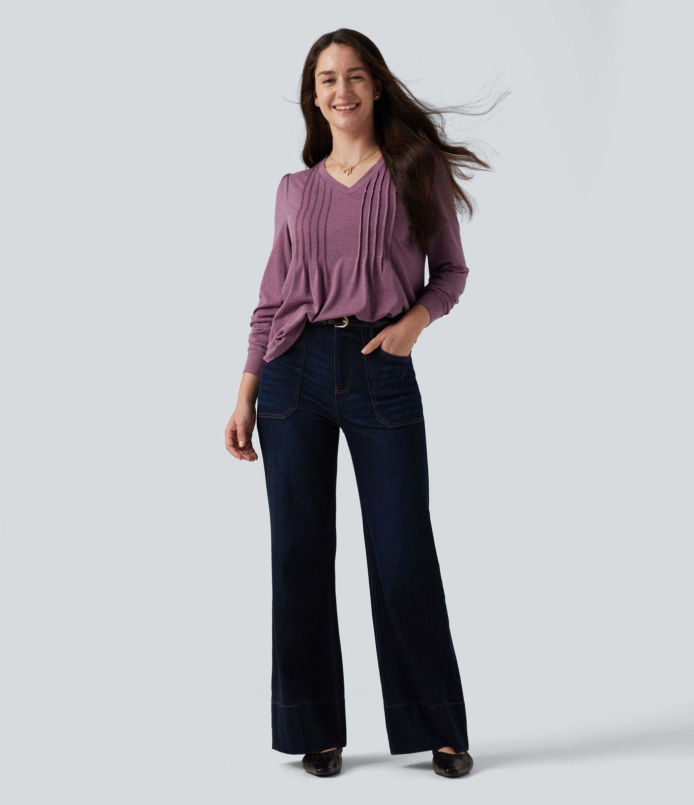 V Neck Long Sleeve Heathered Casual Top V Neck Long Sleeve Heathered Casual Top