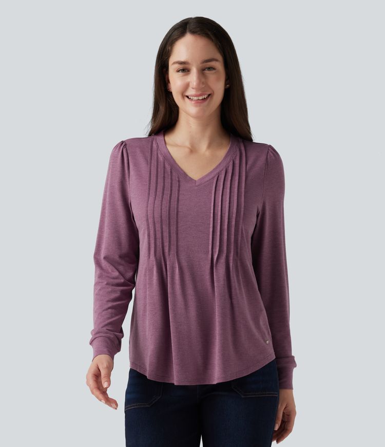 V Neck Long Sleeve Heathered Casual Top V Neck Long Sleeve Heathered Casual Top