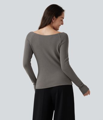 Boat Neck Raglan Long Sleeve Thermal Casual Top