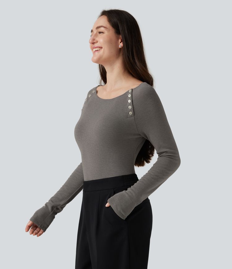 Boat Neck Raglan Long Sleeve Thermal Casual Top