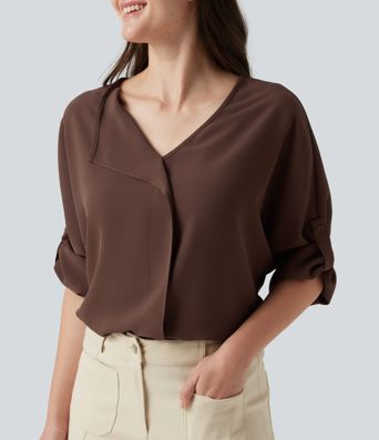 V Neck Long Sleeve Asymmetric Relaxed Work Blouse