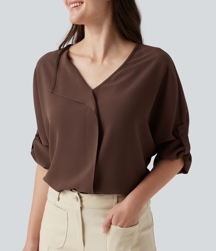 V Neck Long Sleeve Asymmetric Relaxed Work Blouse