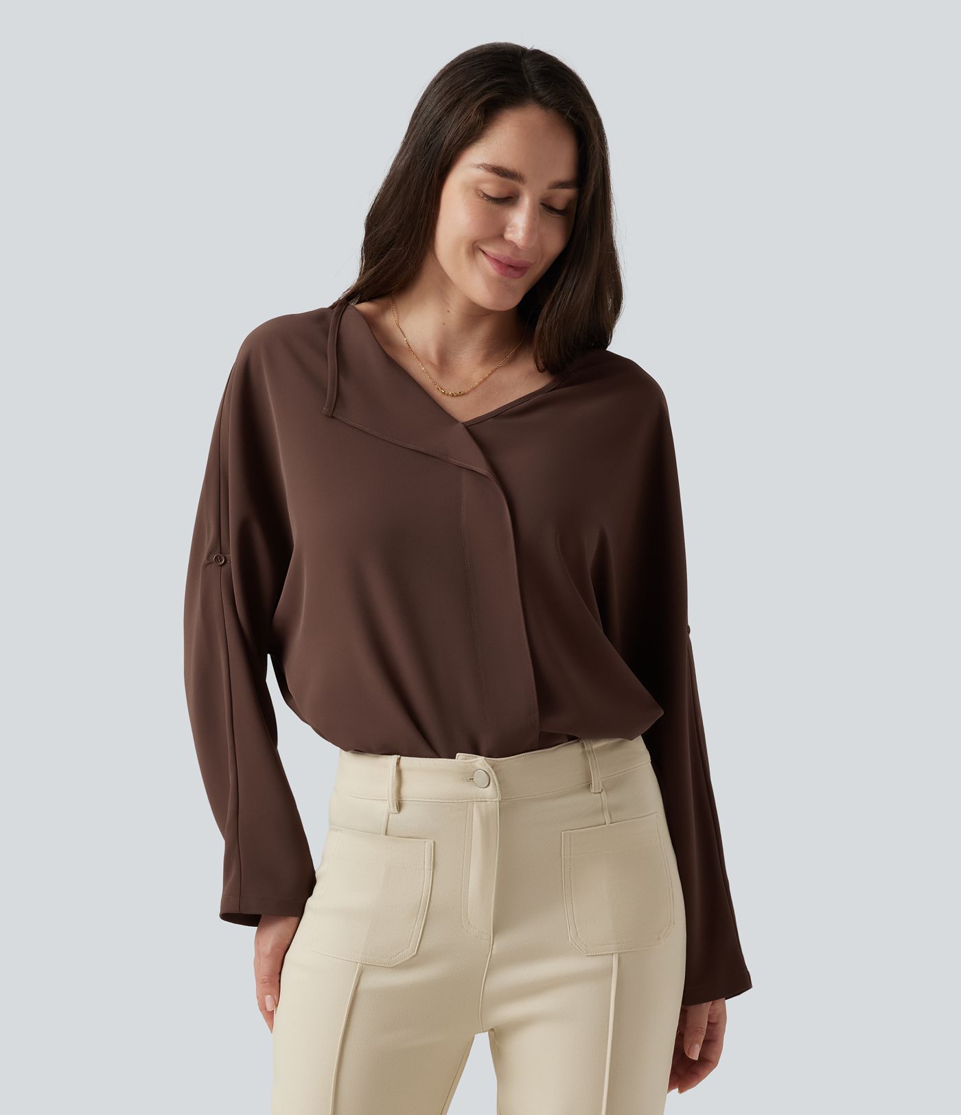 V Neck Long Sleeve Asymmetric Relaxed Work Blouse