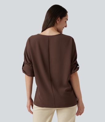 V Neck Long Sleeve Asymmetric Relaxed Work Blouse