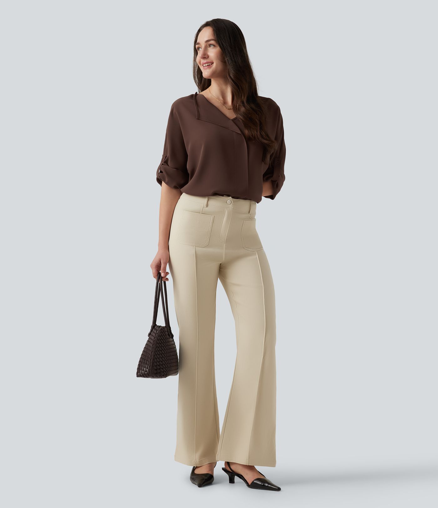 V Neck Long Sleeve Asymmetric Relaxed Work Blouse