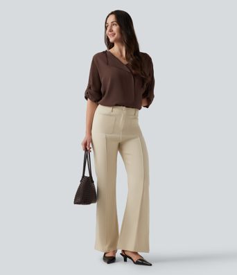 V Neck Long Sleeve Asymmetric Relaxed Work Blouse