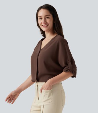 V Neck Long Sleeve Asymmetric Relaxed Work Blouse