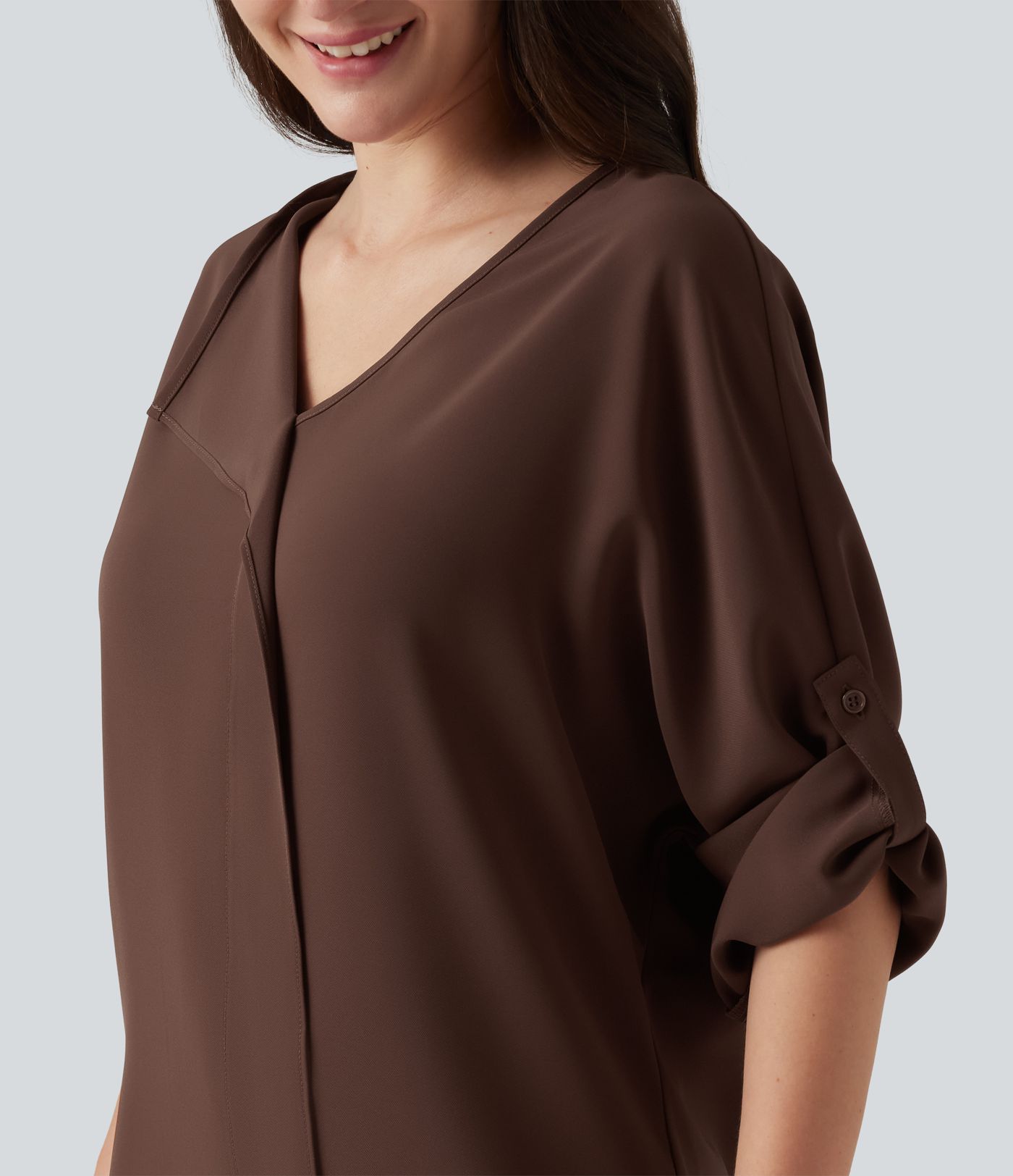 V Neck Long Sleeve Asymmetric Relaxed Work Blouse