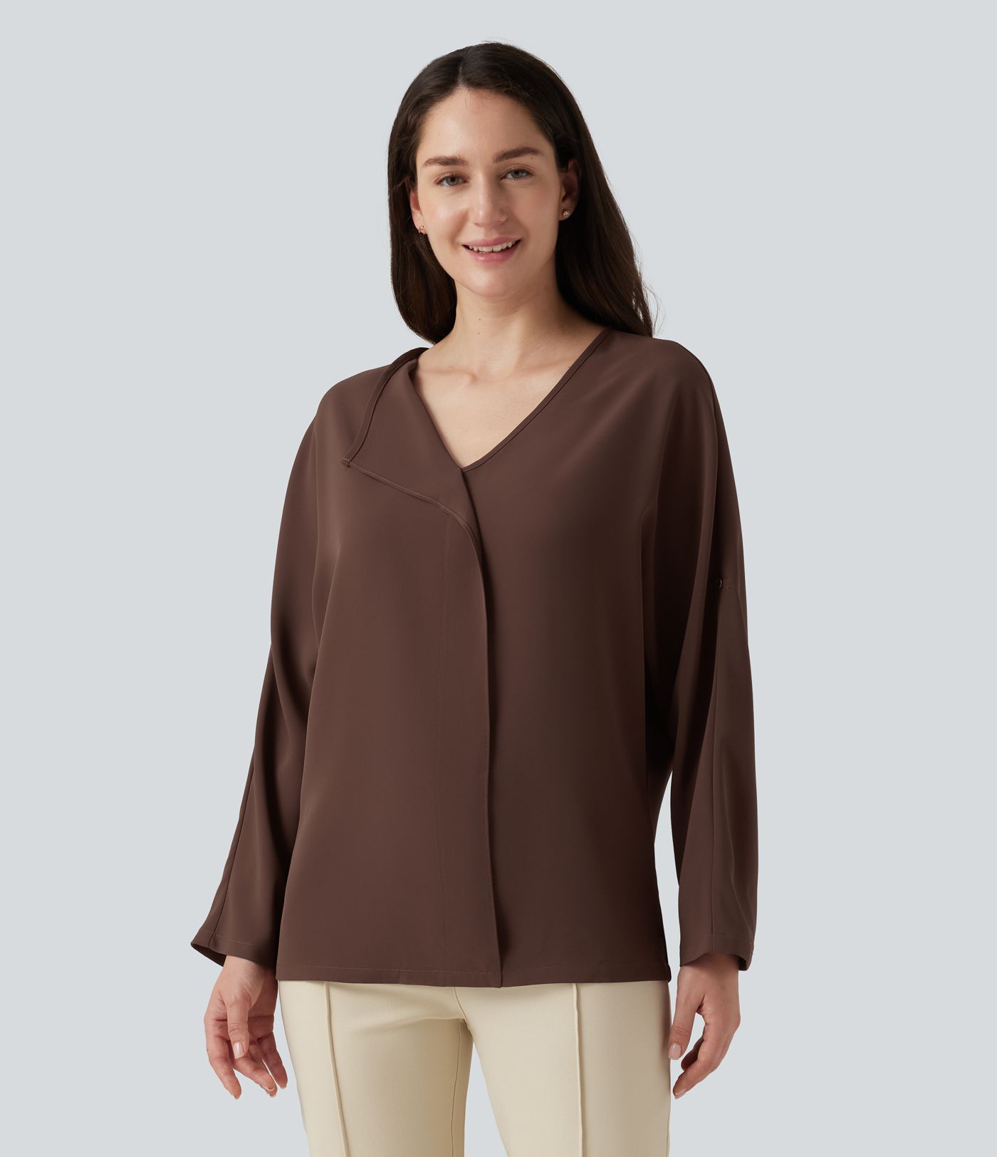 V Neck Long Sleeve Asymmetric Relaxed Work Blouse