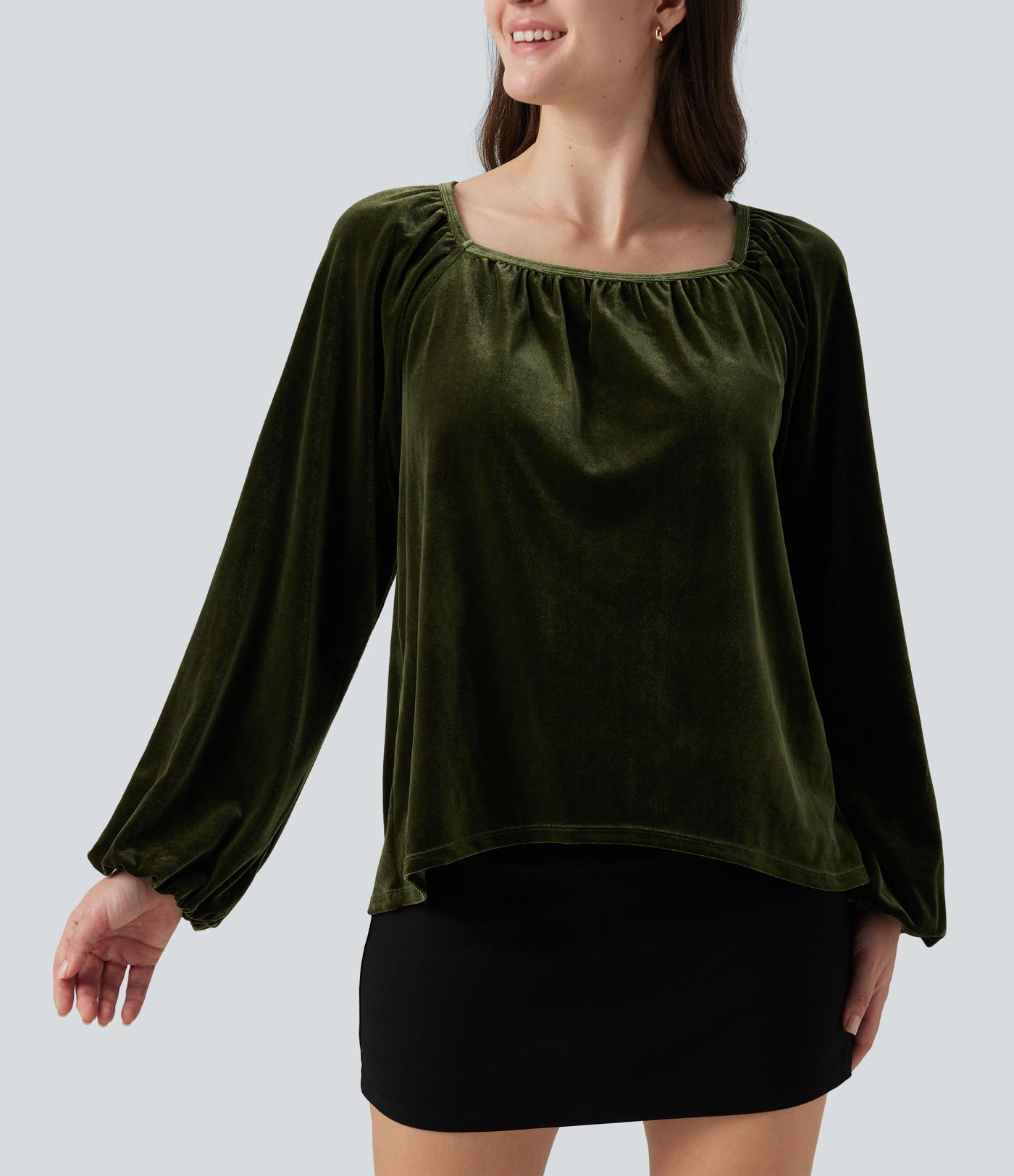 Square Neck Raglan Long Sleeve Pleated Velvet Casual Top