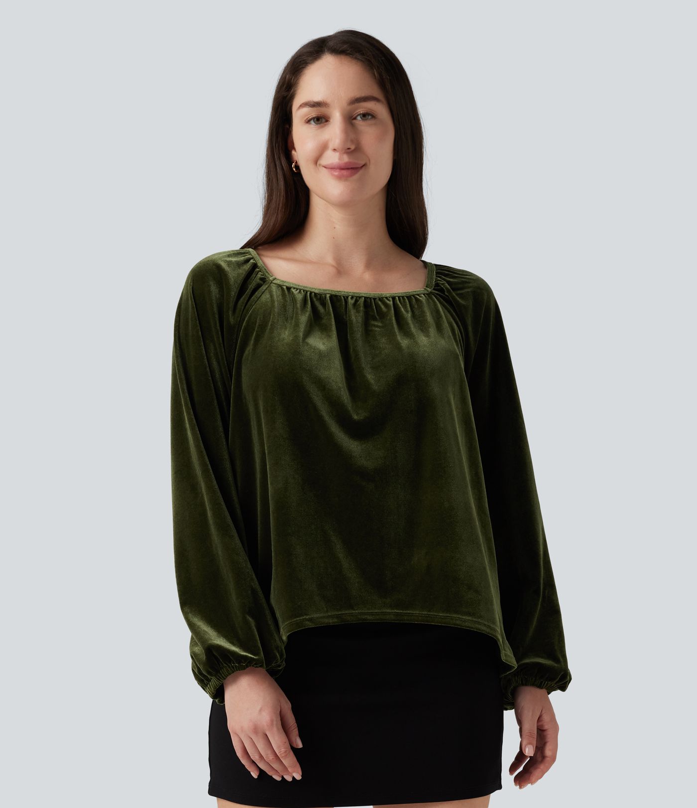 Square Neck Raglan Long Sleeve Pleated Velvet Casual Top