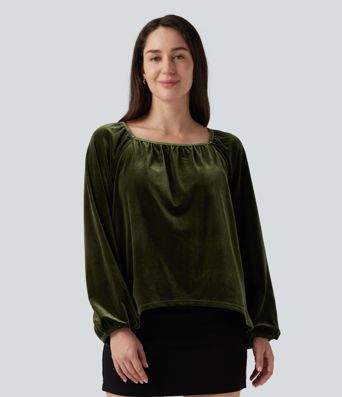 Square Neck Raglan Long Sleeve Pleated Velvet Casual Top